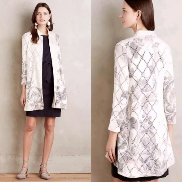 Anthropologie Knitted & Knotted Cream Floral Open Front Cardigan Sweater Size XS - Picture 1 of 11